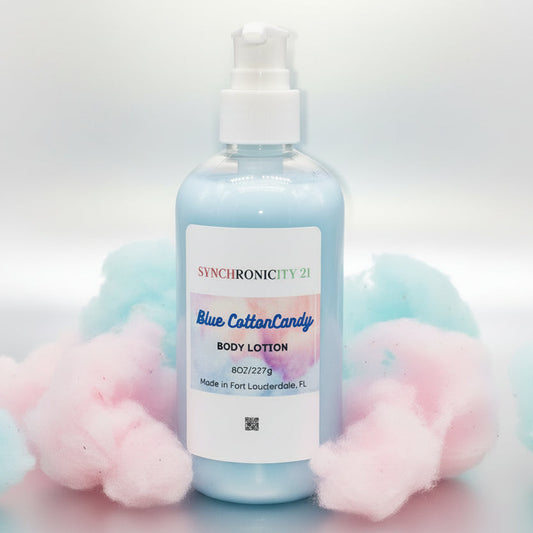 Synchronicity 21 Blue Cotton Candy body lotion in a pump bottle with pastel cotton candy background